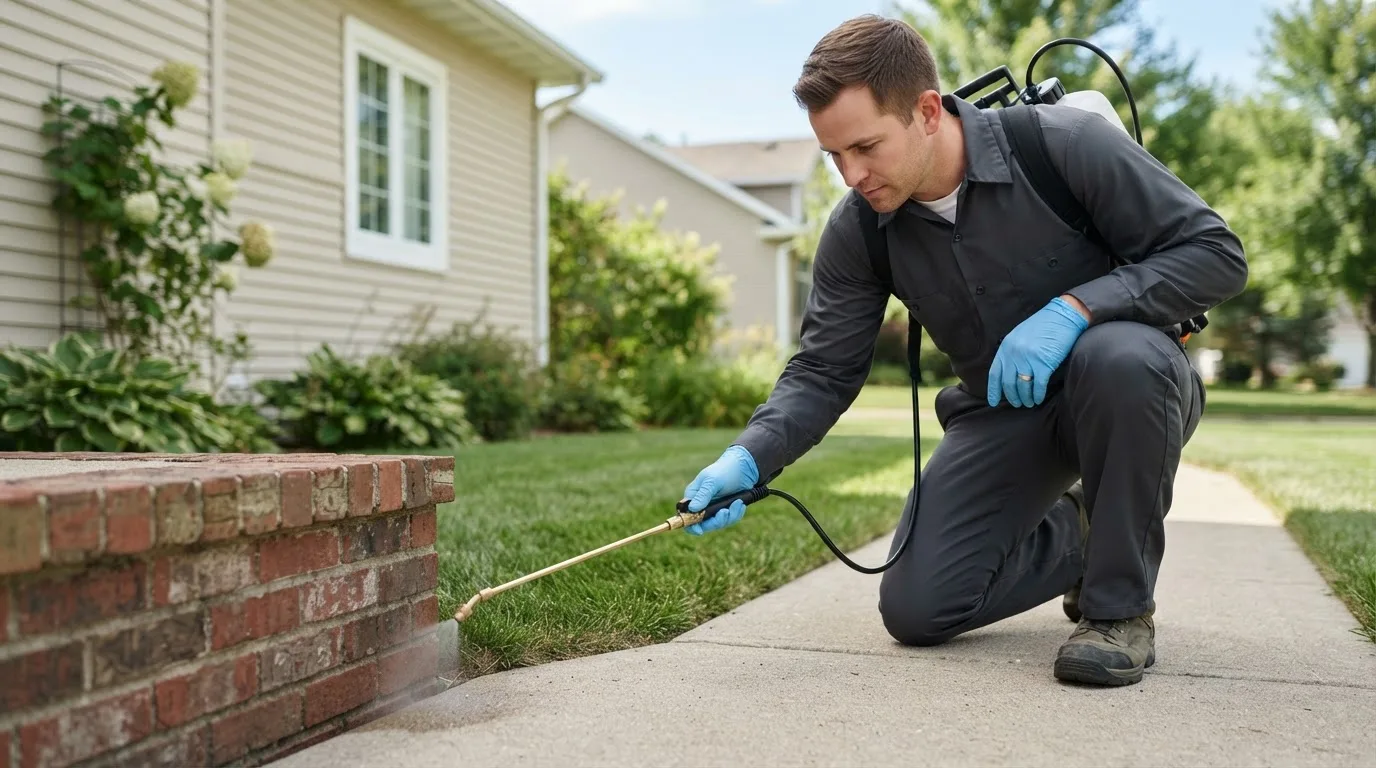 Pest control technician treating a home near Bedford, NY